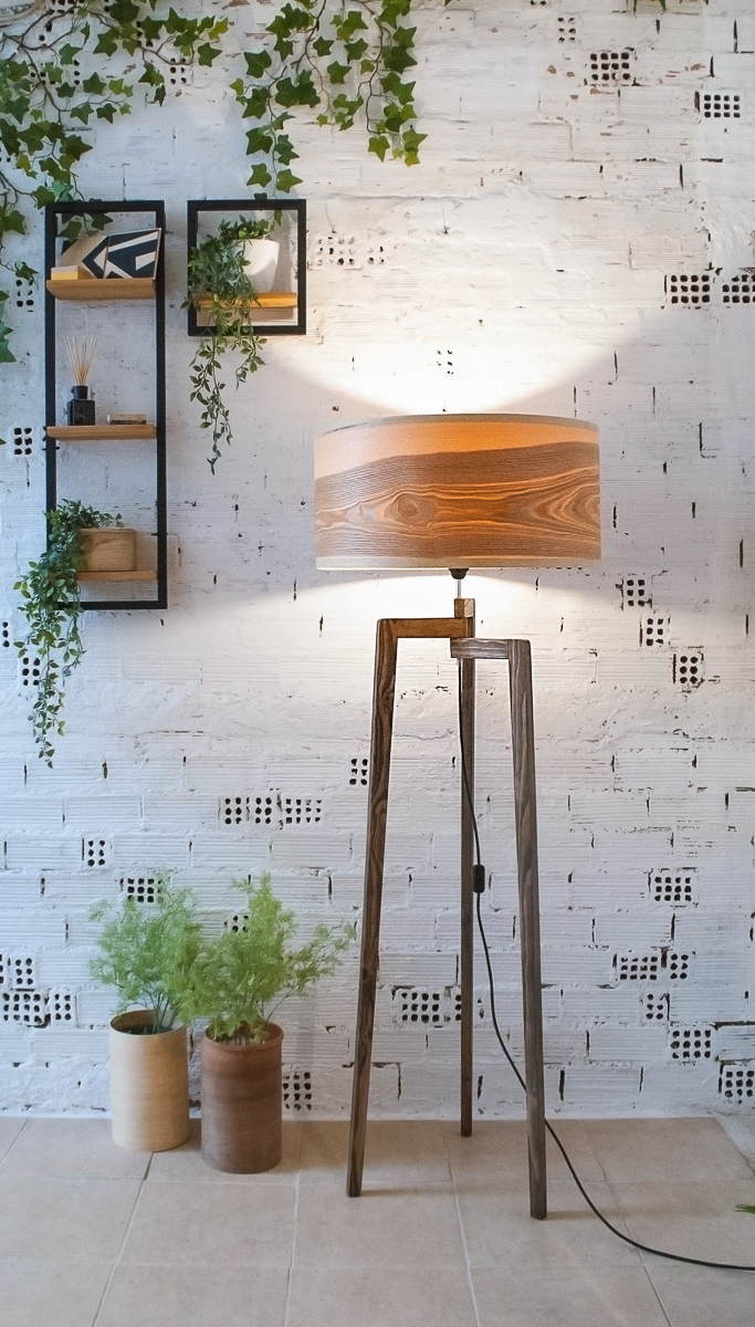 Handmade Wooden Floor Lamp 'Tripod II Olive Paint Base'