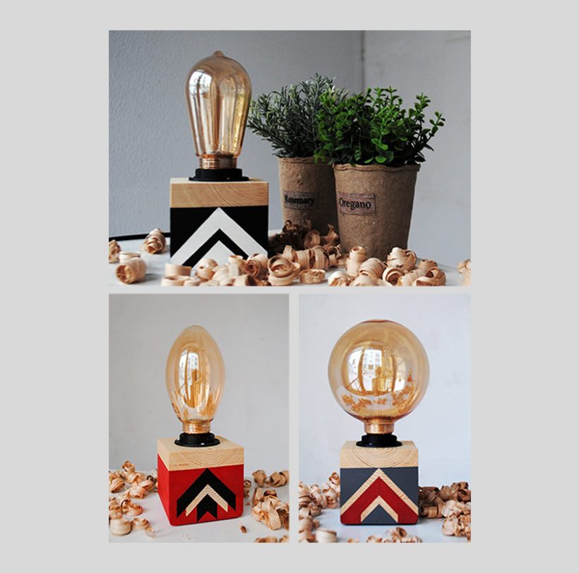 Handmade Wooden Edison cube Table Lamp 'Spruce Multi' Geometric